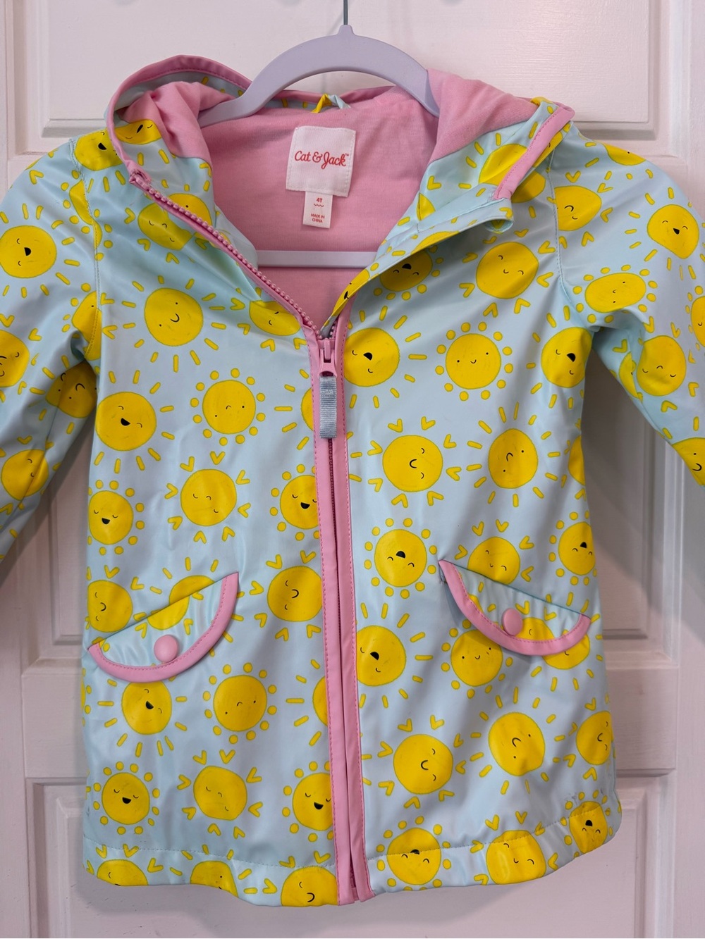 Cat & Jack Girls 4T Sunshine Print Hooded Rain Jacket Blue Pink Yellow